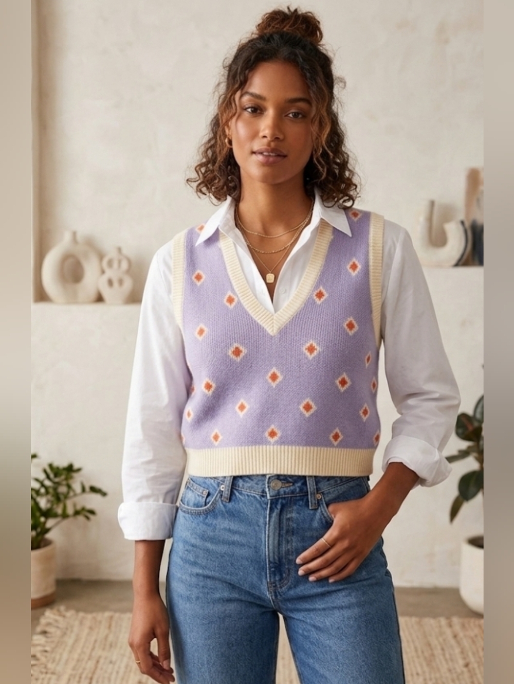 Pastel Purple Argyle Diamond Knit V-Neck Sweater Vest Cropped Lavender Boho- L